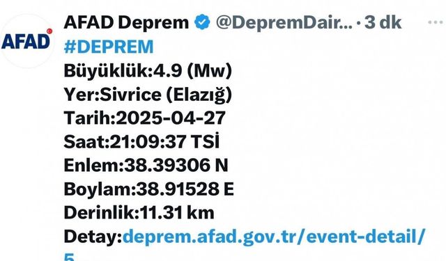 Elazığ’da 4,9 büyüklüğünde deprem